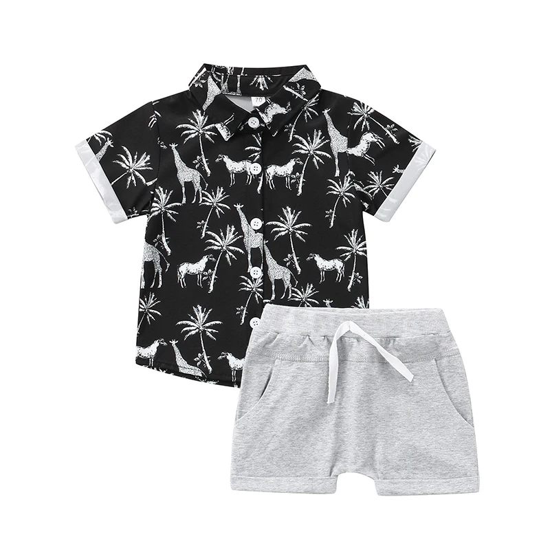 

Baby Boy's Two-Piece Suit, Tree Animal Print Short Sleeve Lapel Button Shirt + Elastic Waist Shorts with Pockets