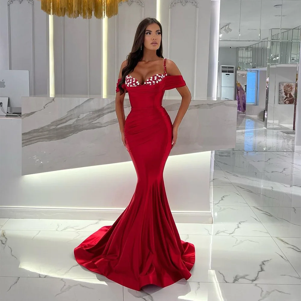 

Sevintage Red Satin Mermaid Prom Dresses Crystal Beading Sweetheart Spaghetti Straps Pleat Ruched Evening Gown Engagement Dress