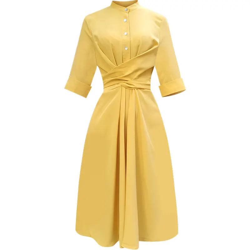 

Office Lady Spring Summer Chiffon Dress 2/3 Sleeve Dress for Women Party Evening Clothing Ball Gown Birthday Dress Yellow Dress