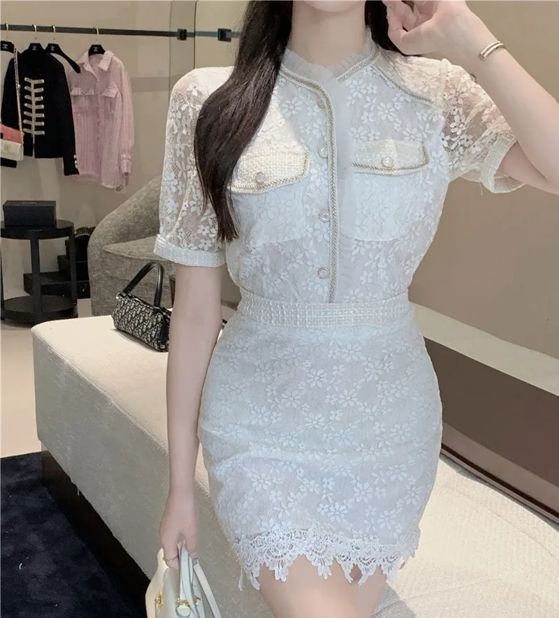 

2022 Summer Lace Crochet Two Piece Sets Women Short Sleeve Tops+ High Waist Skirt Elegant Office 2 Pieces sets