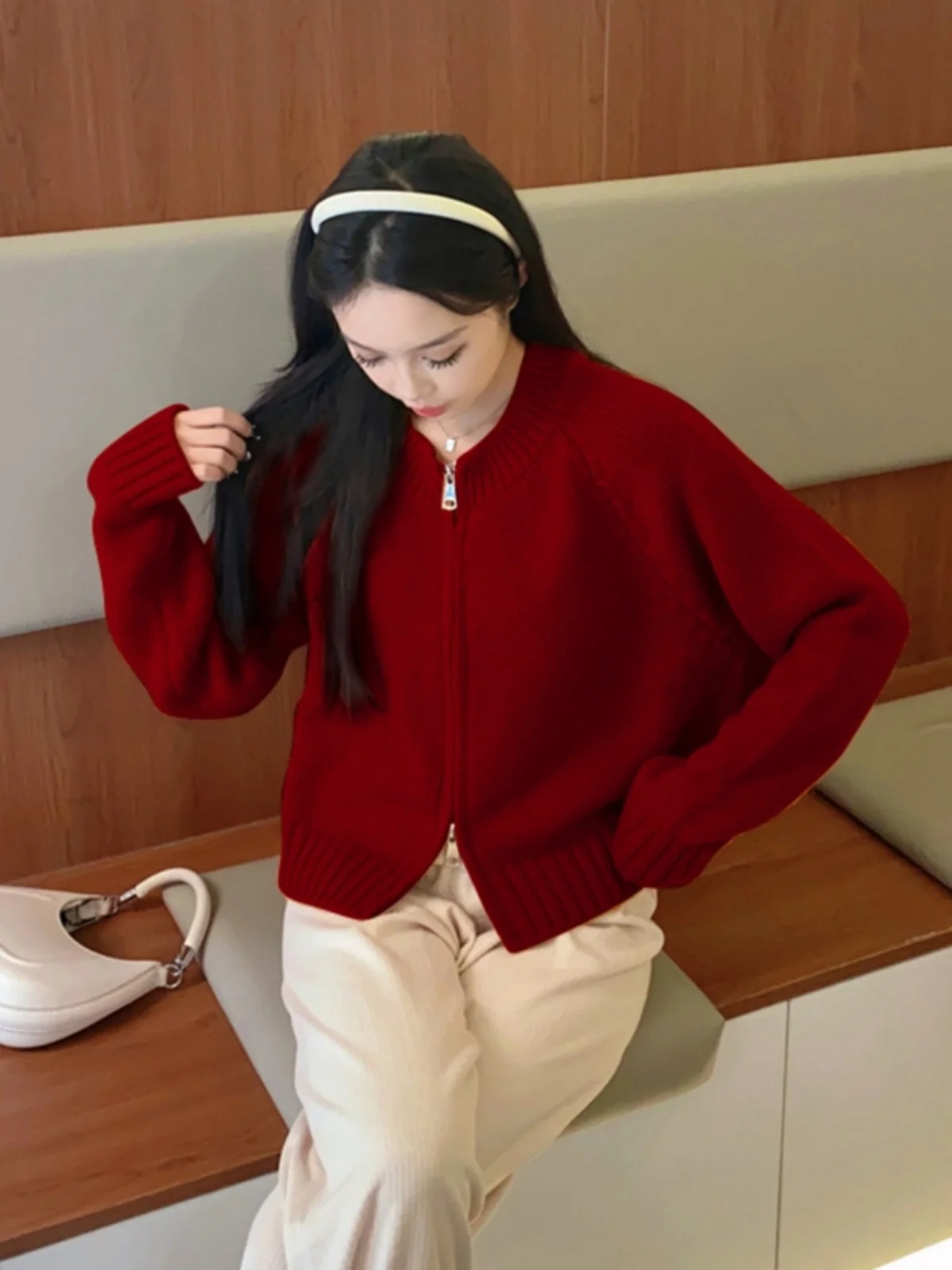 High-End New Year Red Sweater Outerwear Women Autumn and Winter Korean Series Soft Glutinous Lazy Loose round Neck Knit cardi...