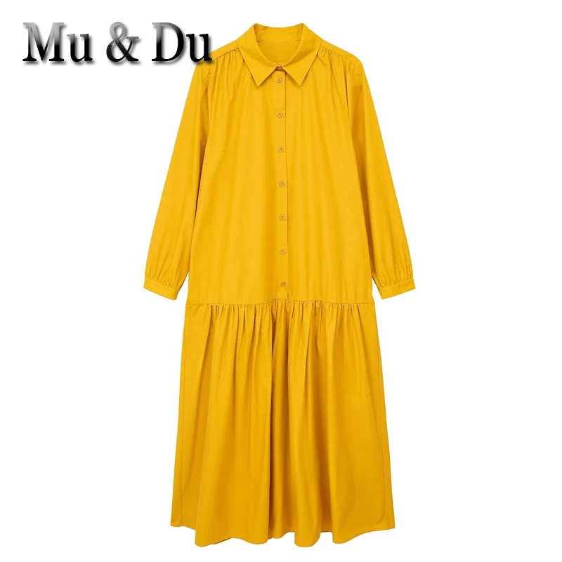 

Летние женские платья Mu & Du 2023, модное однотонное однобортное платье-рубашка средней длины из плиссированного поплина, женские платья, плать...
