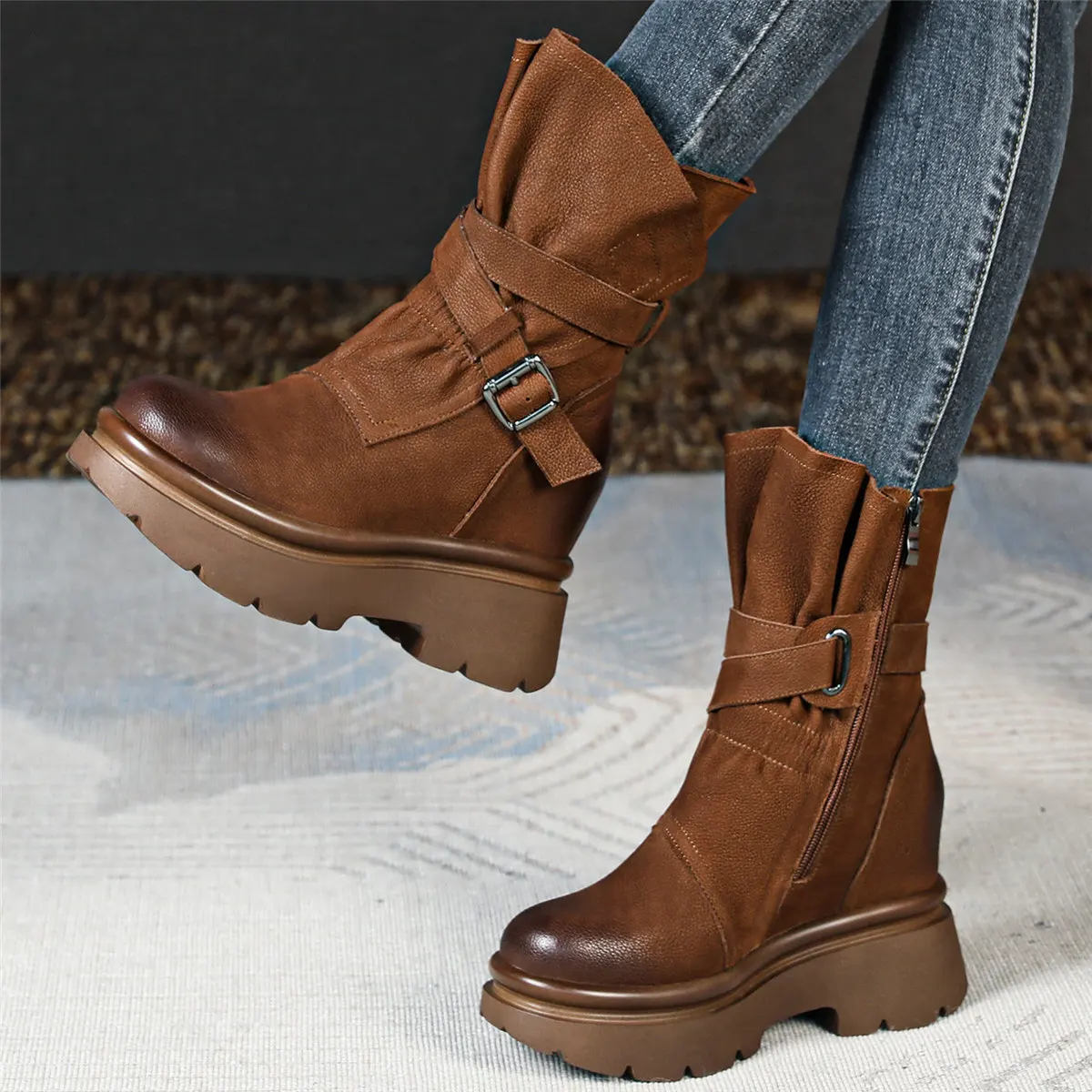 Winter Fashion Sneakers Women Genuine Leather Wedges High Heel Ankle Boots Female High Top Round Toe Platform Pumps Casual Shoes