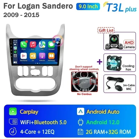2Din 4G Android 12 Автомобильный радиоприемник Мультимедийный видеоплеер для Renault Logan 1 Sandero 2009-2015 Dacia Duster GPS Carplay Navigation