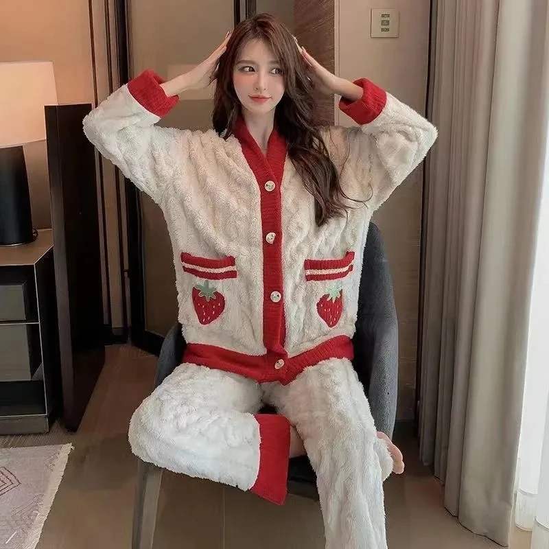 Autumn Winter Warm Flannel Women Pyjamas Sets Thick Long Sleeve Sleepwear Pajamas Set Long Sleeve Pockets Ladies Pyjama