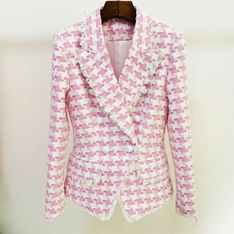 

Newest HIGH STREET 2023 Designer Jacket Women's Lion Buttons pink Tassel Fringed Houndstooth Blends Tweed Blazer