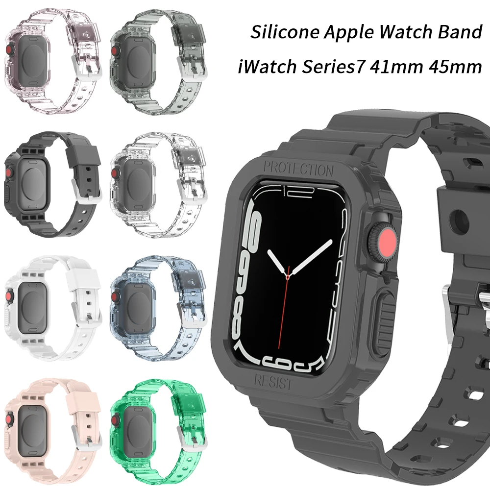 

Sport Clear Bracelet Case + Band for Apple Watch Stretchy Solo Loop Silicone Strap Replacement Pour Correa iWatch Series7 4145mm