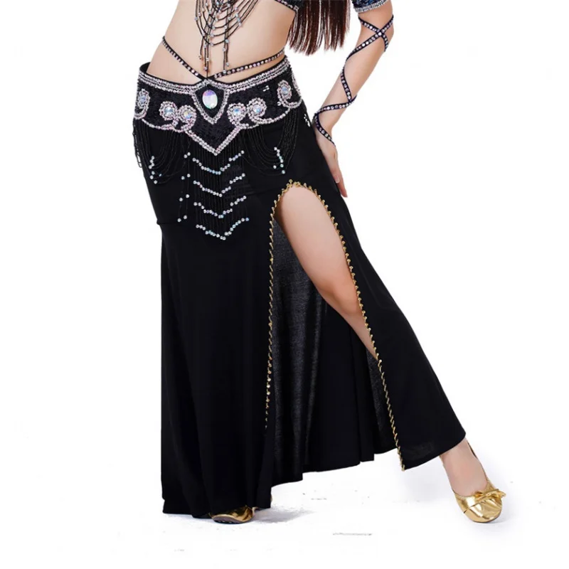 Женское трикотажное платье для танца живота длинная юбка с разрезом сбоку одежда