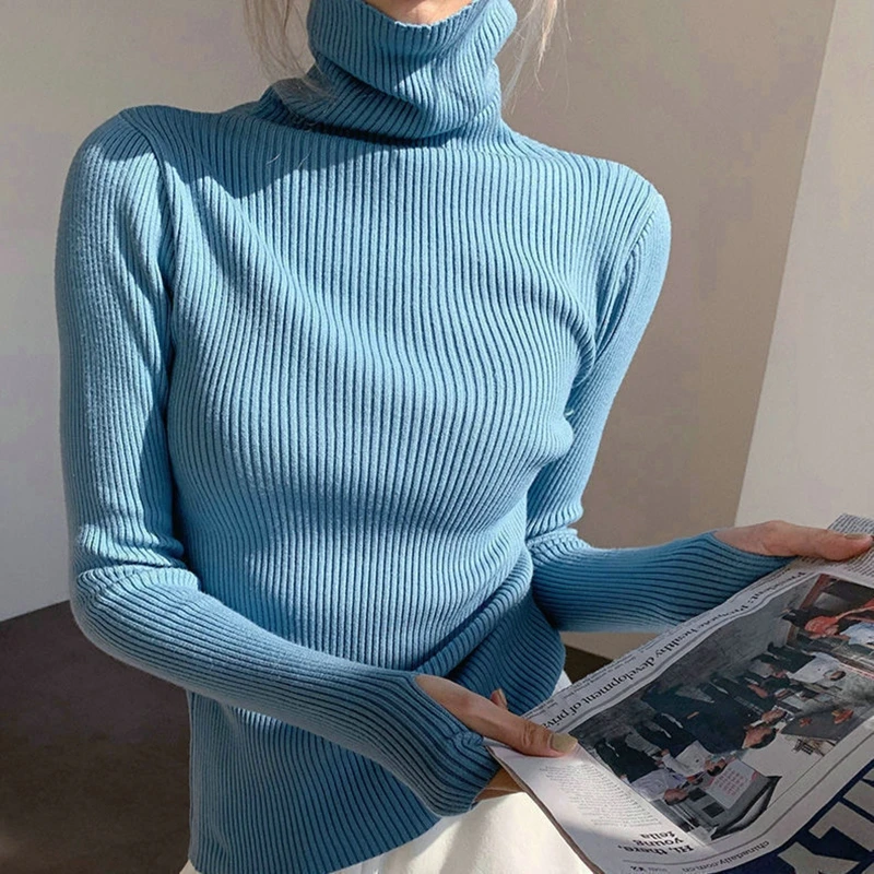 Stretch Solid Color Turtleneck Sweater Ladies Winter Thick Soft Knit Sweater Casual Home Basic Long Sleeve Warm Pullover Top