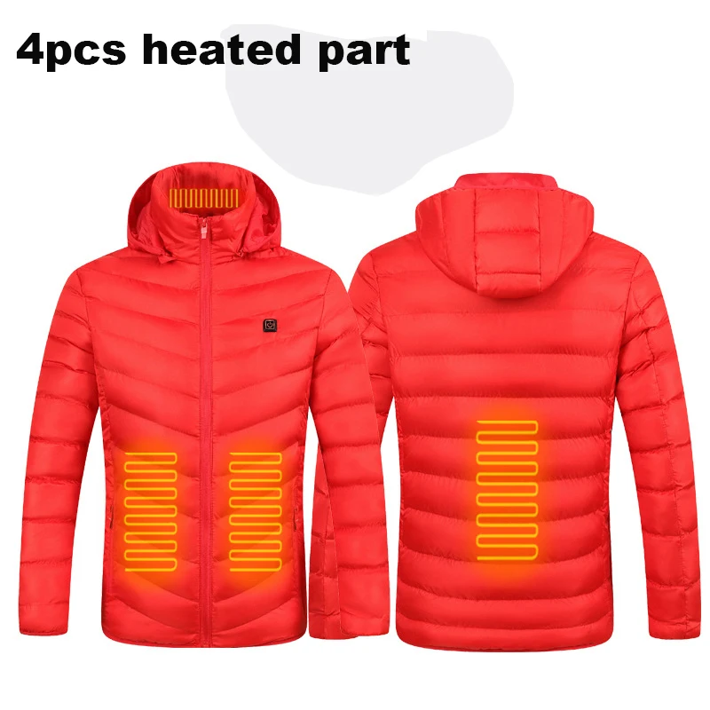 4pcs New Men Winter Warm USB Heating Jackets Smart Thermostat Pure Color Hooded Heated Clothing Waterproof Warm Jackets