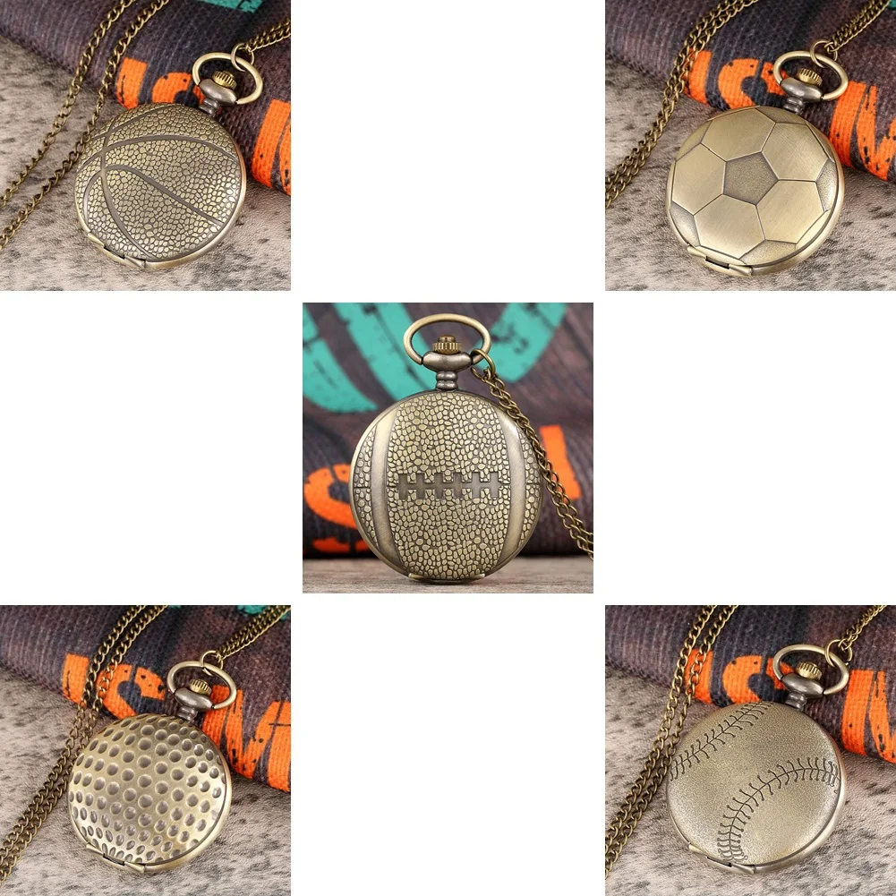 

American Football Quartz Pocket Watches Vintage Bronze Rugby Ball Design Pendant Clock Necklace Pocket Watch Men Sports Souvenir