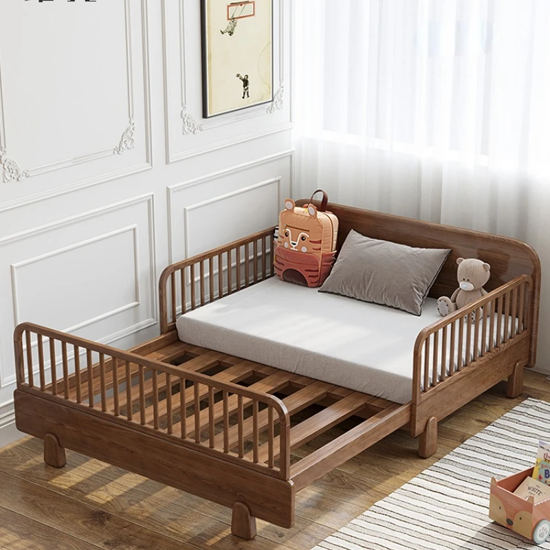 

Solid Wood Children's Bed with Fence Boy's Bedroom Girl's Princess Splicing Bed Push-Pull Retractable Bed Crib