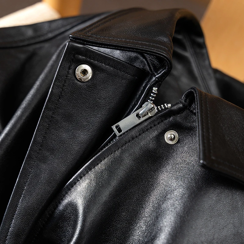 Fashion Genuine Leather Jacket Women  New Spring Summer 2023 Sheepskin  Zipper High Street  Pockets Turn-down Collar All Season