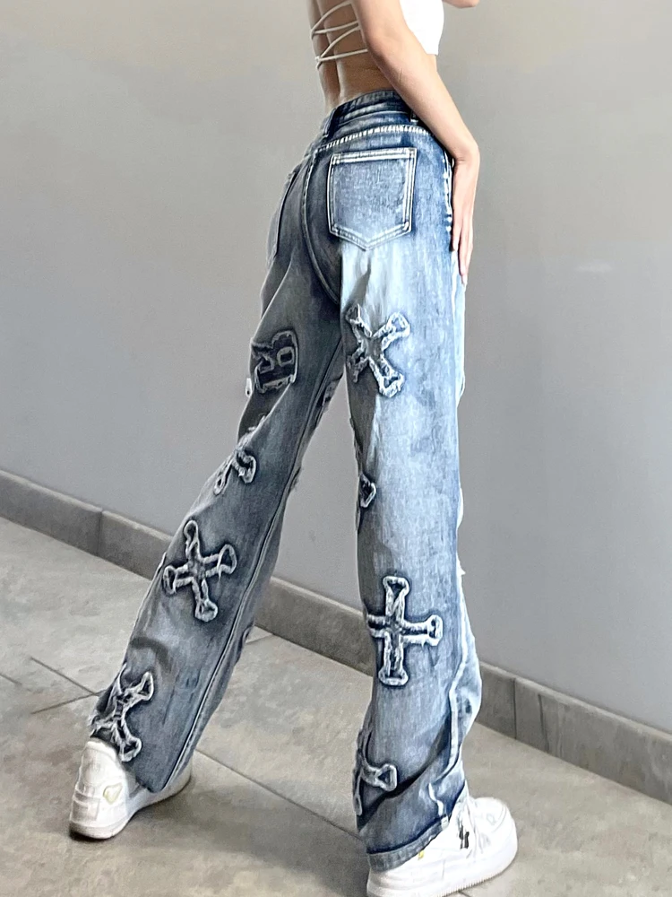 Streetwear Grunge Letter Patched Distressed Women Jeans Straight Casual Y2K Design Denim Trousers Korean Style Bottom
