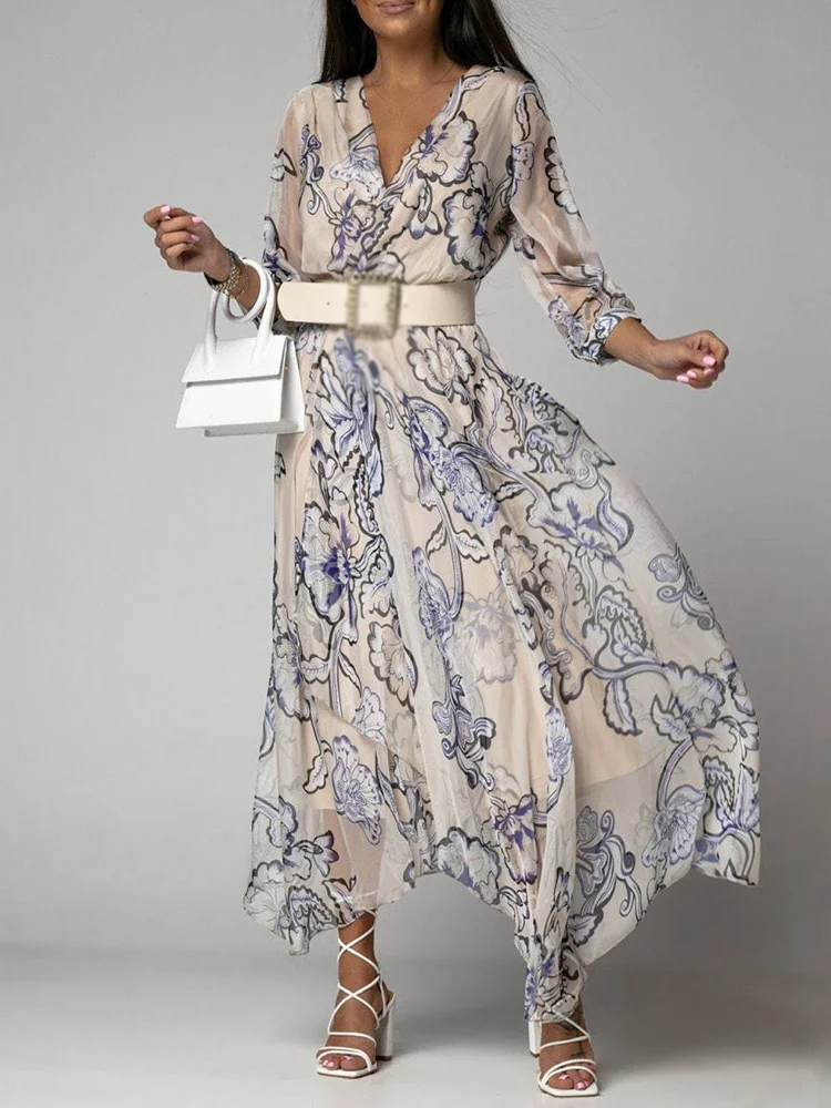 

Lady Elegant Summer Boho Print Irregular Long Dress Fashion Half Sleeve V Neck Chiffon A Line Dress Casual Office Women Dre