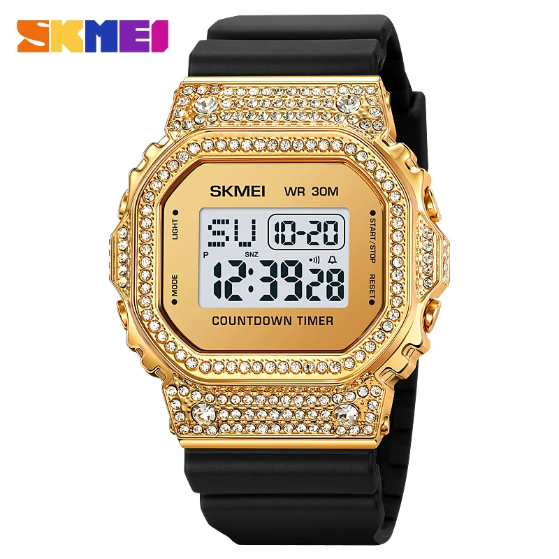 SKmei 2000 Luxury Diamond Men Digital Watch Square Case Outdoor Sport Waterproof Stainless Steel Wristwatch For Men Montre Homme