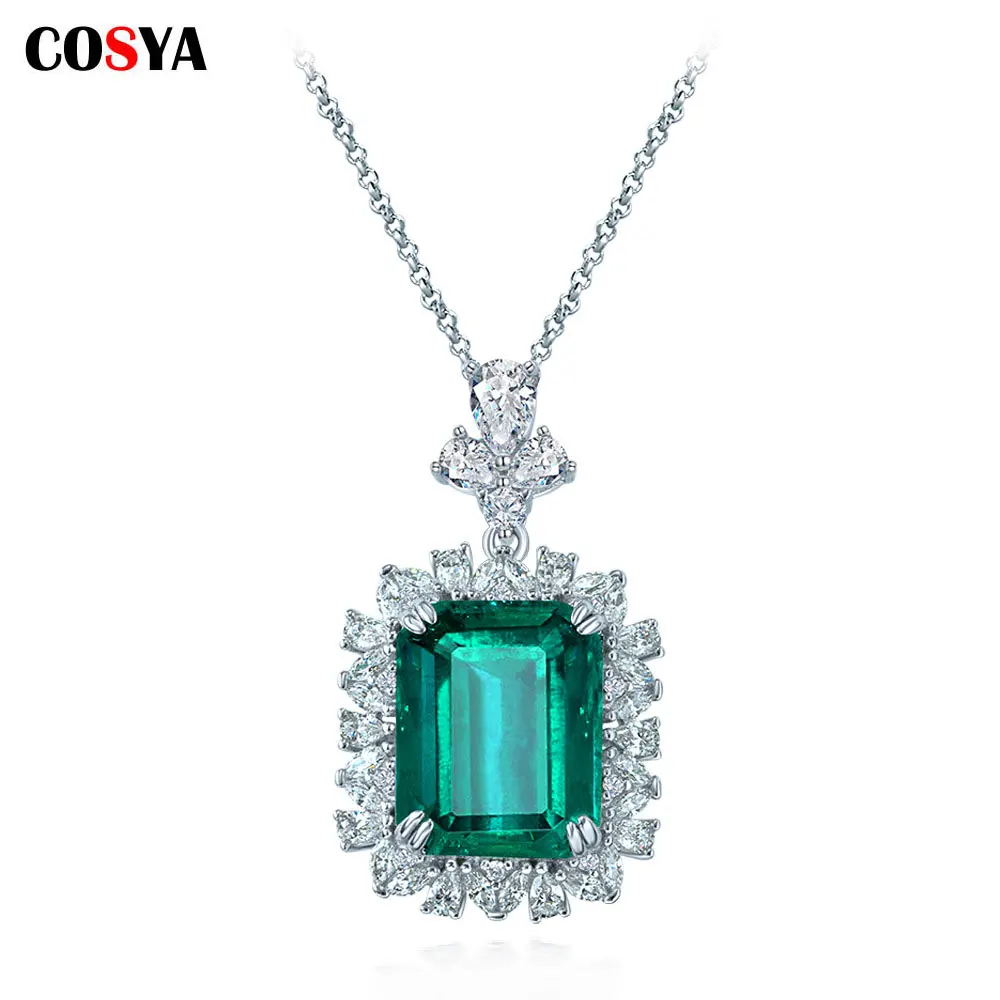 

COSYA S925 Silver Simple Synthetic Emerald 9ct Rectangular Necklace Women Necklace High Carbon Diamond Collarbone Chain Jewelry