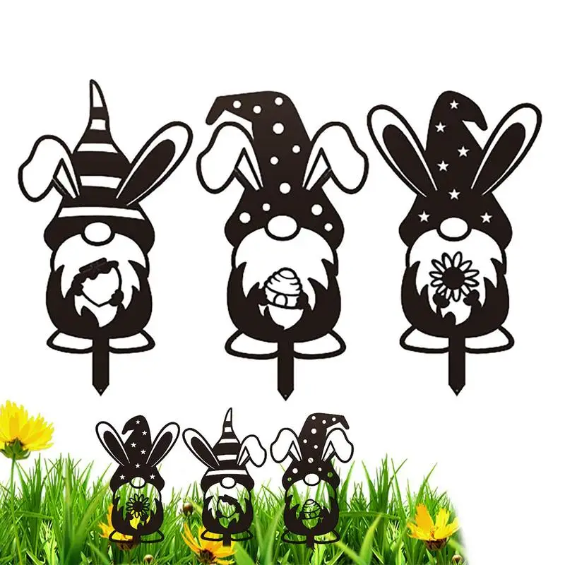 

Gnome Garden Stakes 3-Pcs Metal Gnome Stakes Silhouette Easter Spring Gnomes Yard Sign Art Waterproof For Lawn Patio Decor