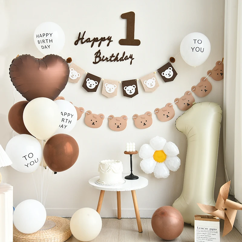 

INS Coffee Brown Bear Cream Birthday Party Decoration Children Party Bunting Balloon Holder Set The First 1st One 2 3 4 Year Old