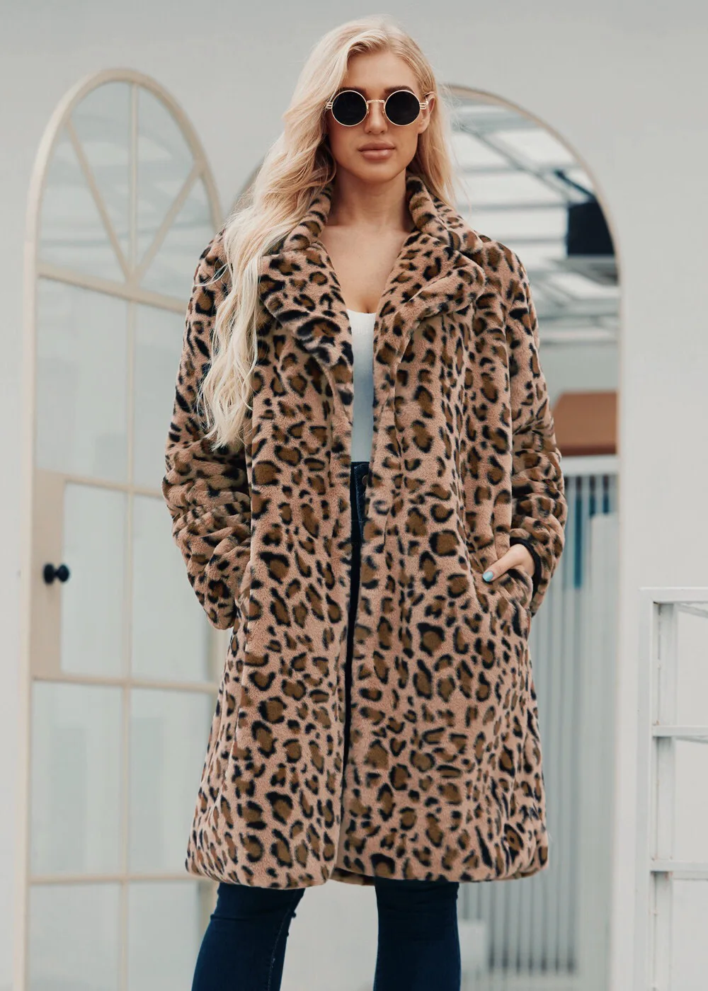 2022 Fashion long leopard print suit collar imitation fur coat women's casual coat autumn and winter new style