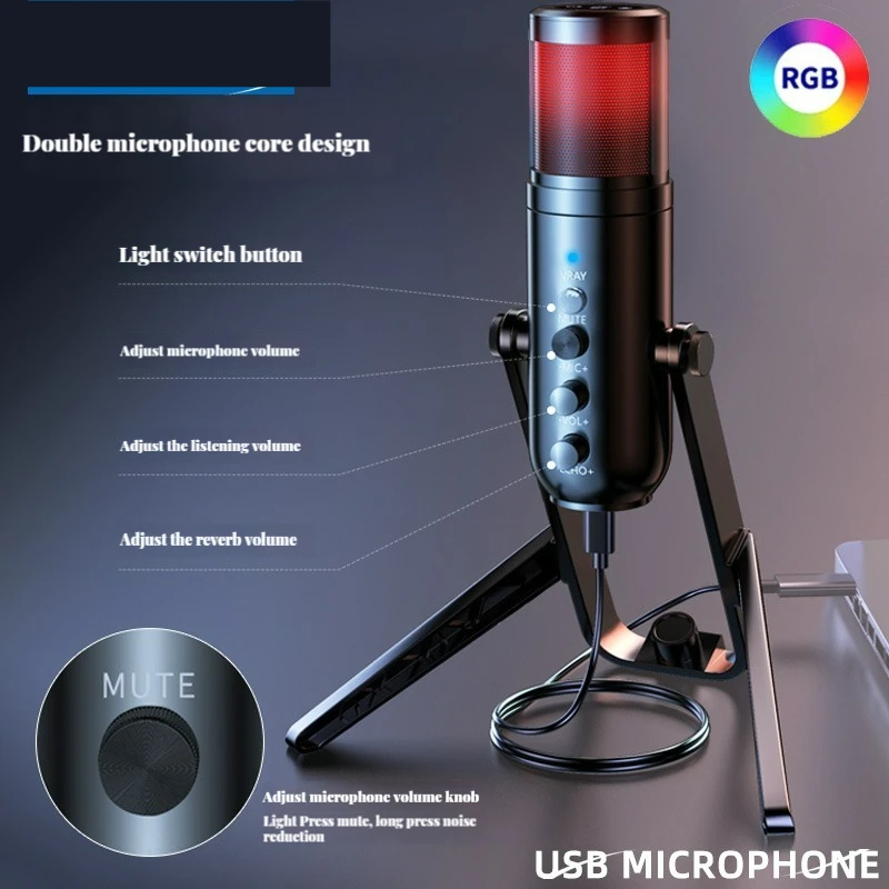 Профессиональный конденсаторный USB-микрофон RGB микрофоны для ПК ноутбука