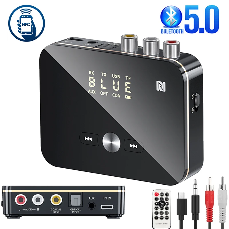 

Bluetooth Receiver Transmitter 5.0 NFC Stereo 3.5mm AUX Jack RCA Optical Wireless Audio Adapter Mic IR Remote Control For TV
