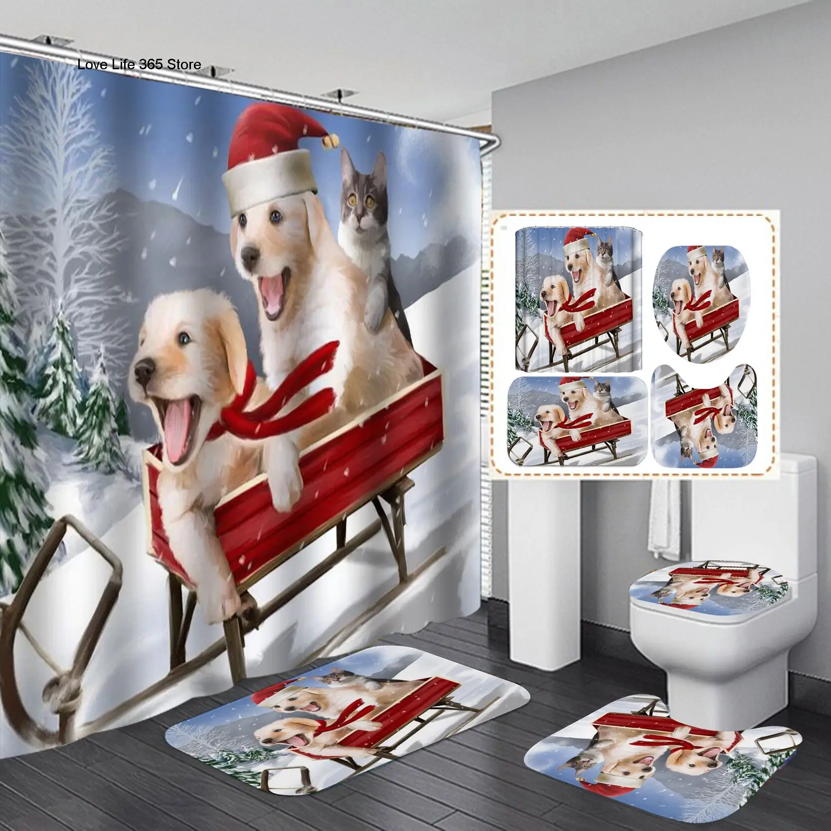 

Christmas Series Cute Dog Sleigh 3D Printing Shower Curtain Polyester Waterproof Floor Mat Toilet Set Bath Accessories