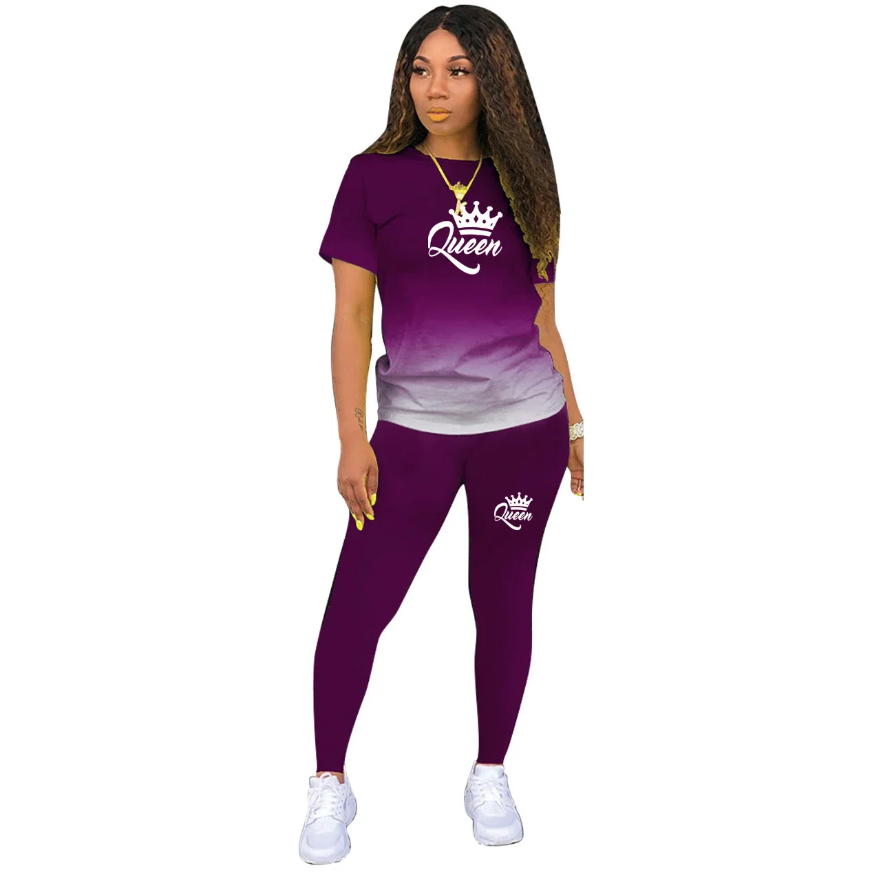 Женский комплект из 2 предметов летняя футболка с градиентом и брюки принтом