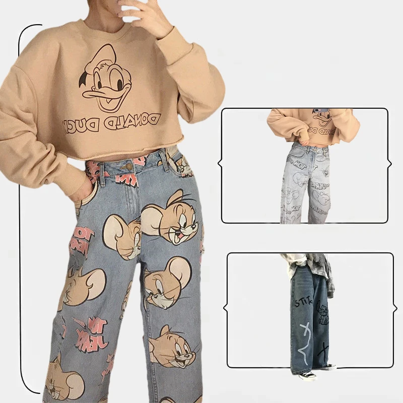 

Cute Tom and Jerry Cartoon Women's Jeans New High Waist Slim Fit Fashion Loose Pants Girl Street Print Straight Tube Pants Gift