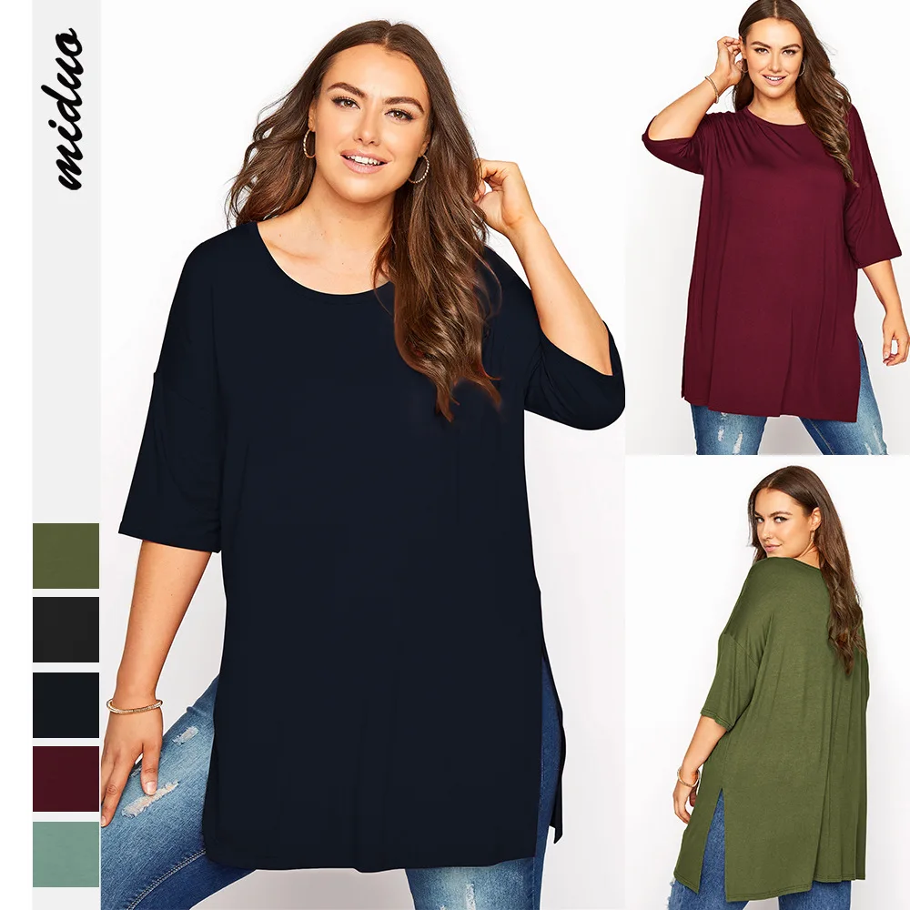 

Black Round Neck Large Size T-shirt Split Casual Solid Color Tide Brand Top Summer Loose Middle Sleeve Oversized Female Clothing