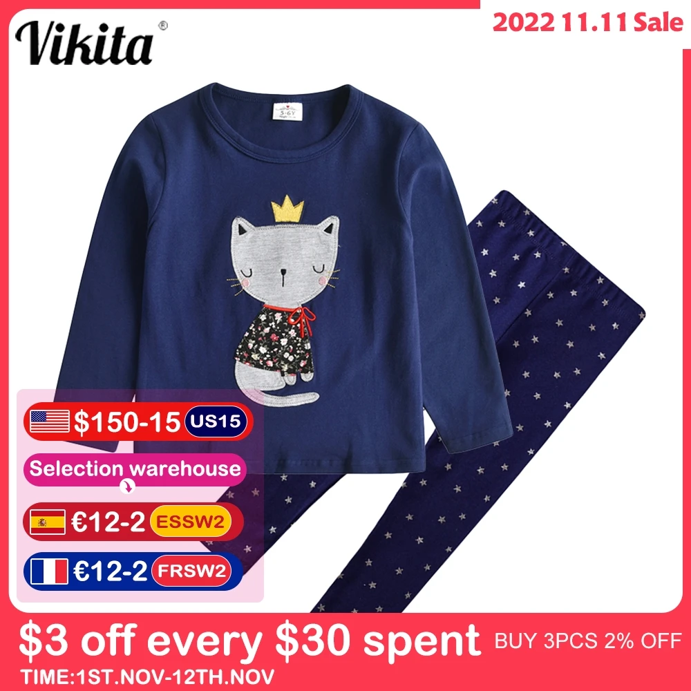 

VIKITA Girls Spring Autumn Cartoon Clothes Sets Long Sleeve Cotton T shirt and Skinny Pencil Pants Trousers 2PCs Outfits Clothes