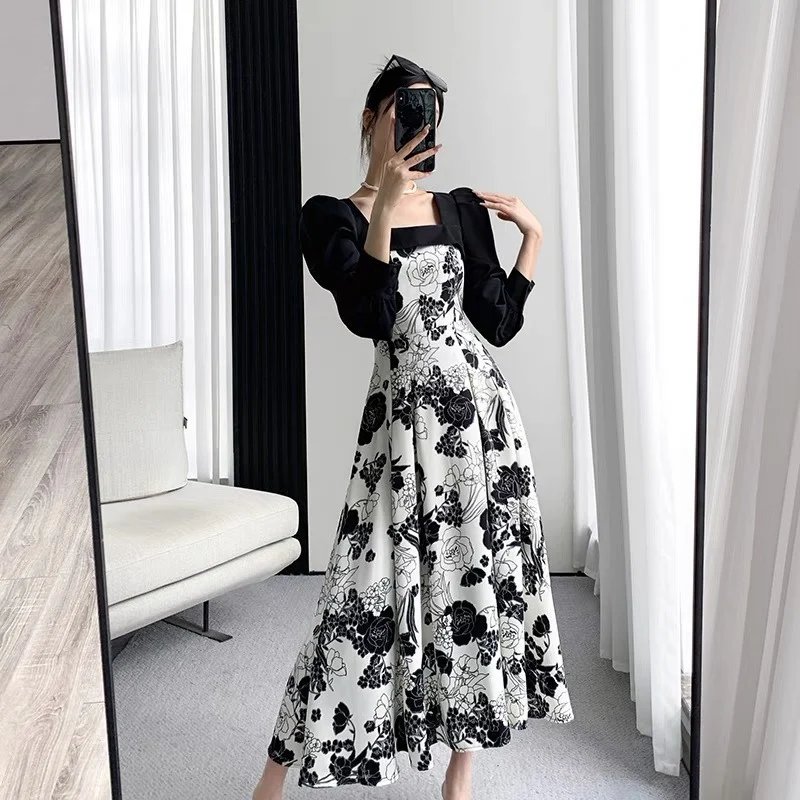 

winter and 2023 new autumn women's clothingSquare Collar Puff SleeveElegant Contrast Color Ink Painting Gentle Dress 1011