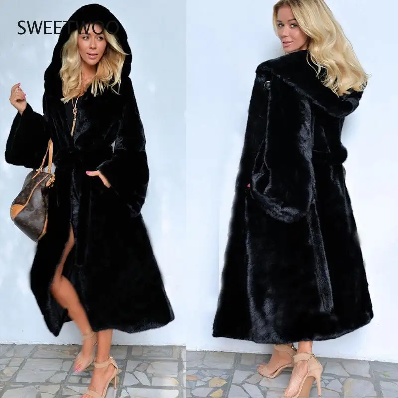 New Womens White Faux Rex Rabbit Fur Long Winter Hooded Coat for Female Fashion Luxury Faux Fur Jacket Contracted Slim Tide 2022