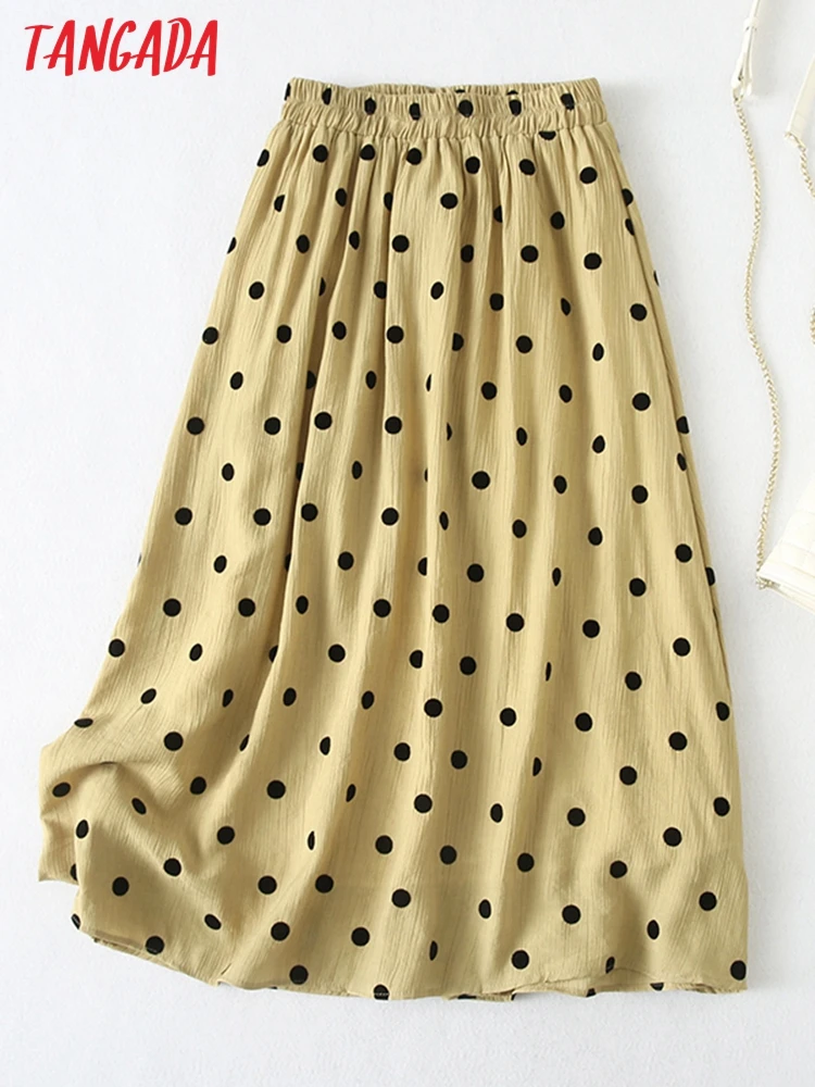 

Tangada 2022 New Women Yellow Dots Pleated Midi Skirt Strethy Waist Ladies Chic Mid Calf Skirts YU119