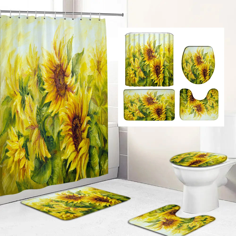 

Yellow Sunflower Flower Print Shower Curtain With Hooks Waterproof Bathroom Curtains Home Decoration Non-Slip Rugs Bath Mat Set