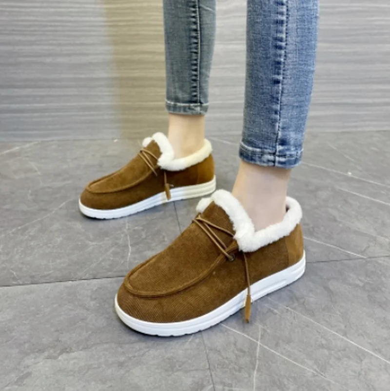 

Новый дизайн 2022, женская меховая обувь на плоской подошве, Женская однотонная теплая Повседневная обувь из флока с короткими плюшевыми вста...