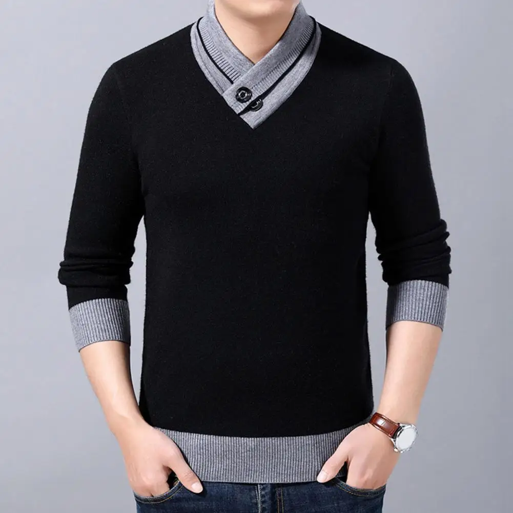 

Men Sweater Contrast Colors V Neck Knitted Top Anti-shrink Button Decor Loose Sweater Men's Clothing For Daily Wear