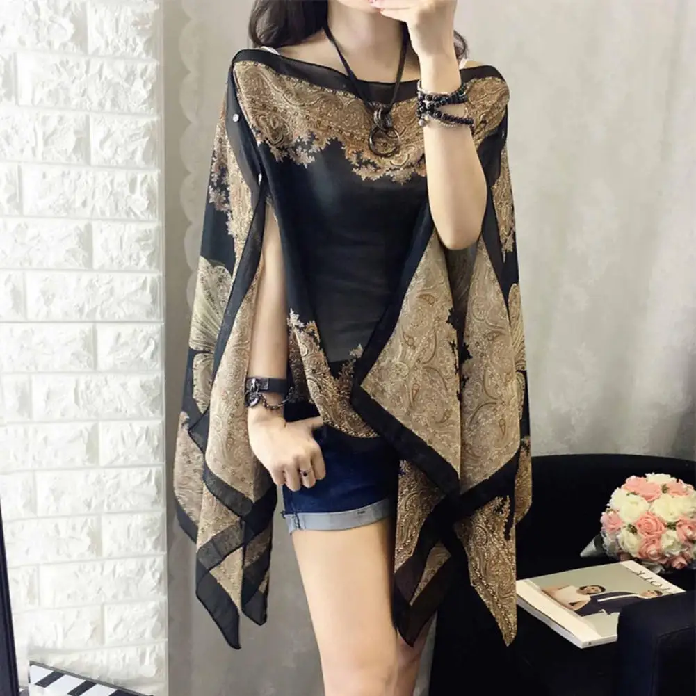 

Women Beach Shawl Sun Protection Printing Sunscreen Anti-UV Vintage Beachwear Chiffon Soft Buttons Summer Scarf