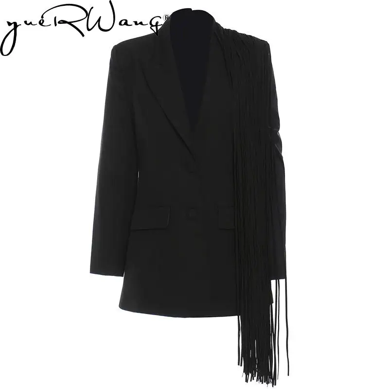 

YUERWANG Women Blazer Asymmetrical Tassel Single Breasted Long Sleeve Ladies Black Suit Coat Fashion Women's Suit Jacket Top