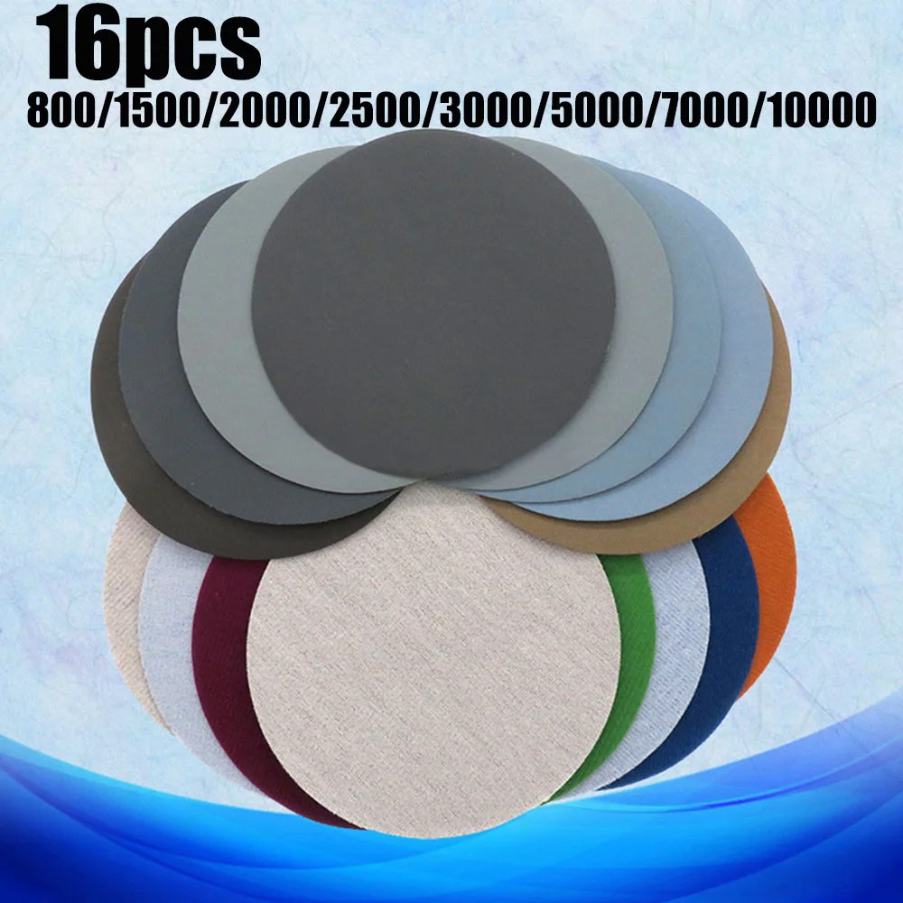 

16pcs 5inch 125MM Round Wet Water Sanding Discs Hook & Loop Flocking Sandpaper Sander Disc For Sanding Polishing 800-10000 Grits