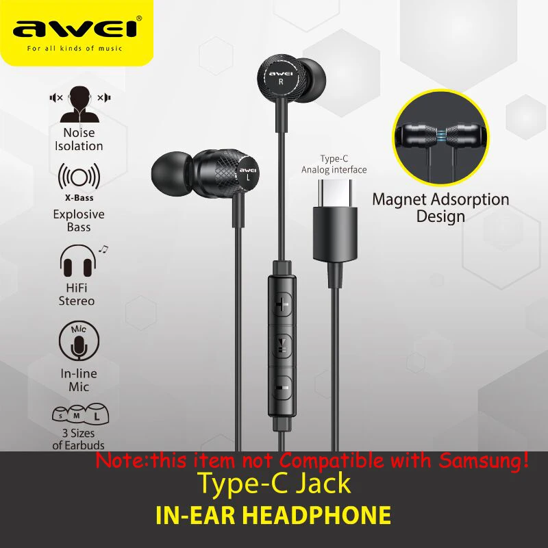 

Awei TC-5 Wired Earphone In-ear For Phone Type-C Jack Stereo Deep Bass With Microphone Button Control 1.2m Original Earphones