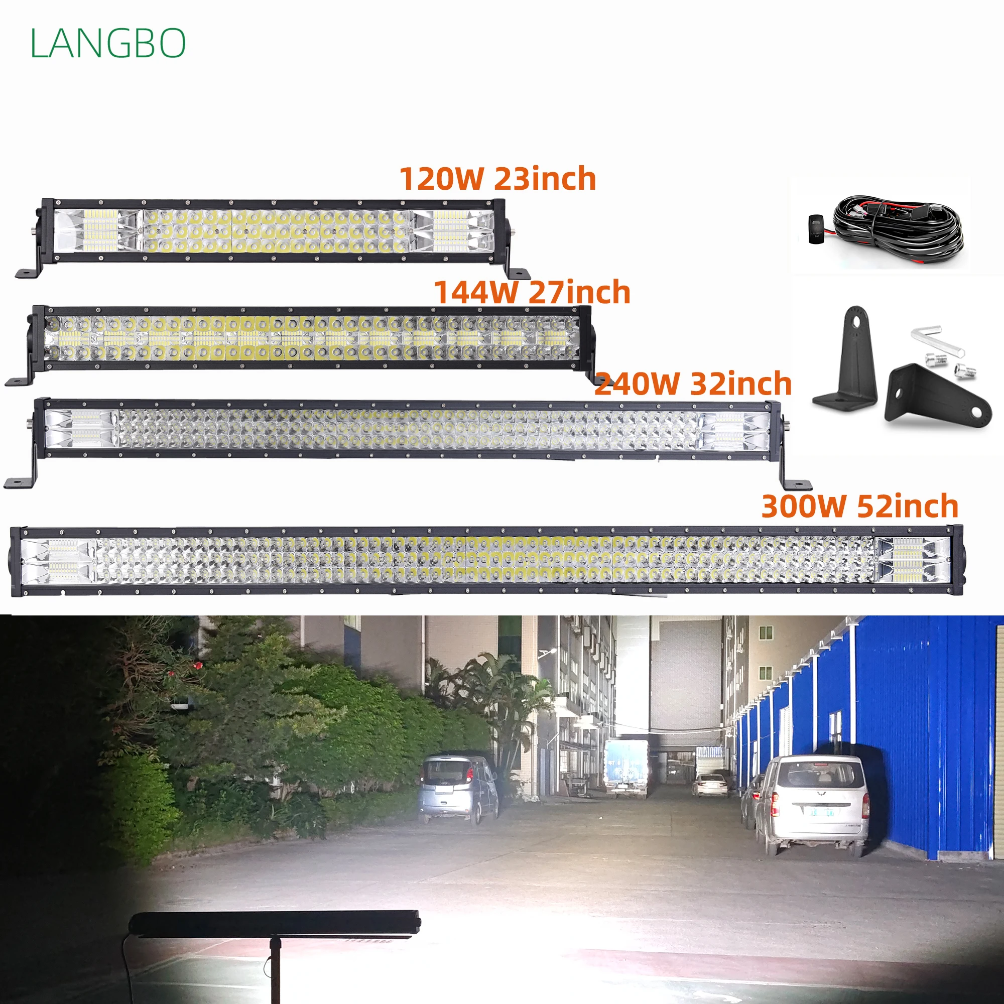 

LANGBO Straight High Power 300W 52 Inch 3 Rows Waterproof IP68 LED Light Bar For Car Tractor Truck Jeep Driving Lights 12V 24V