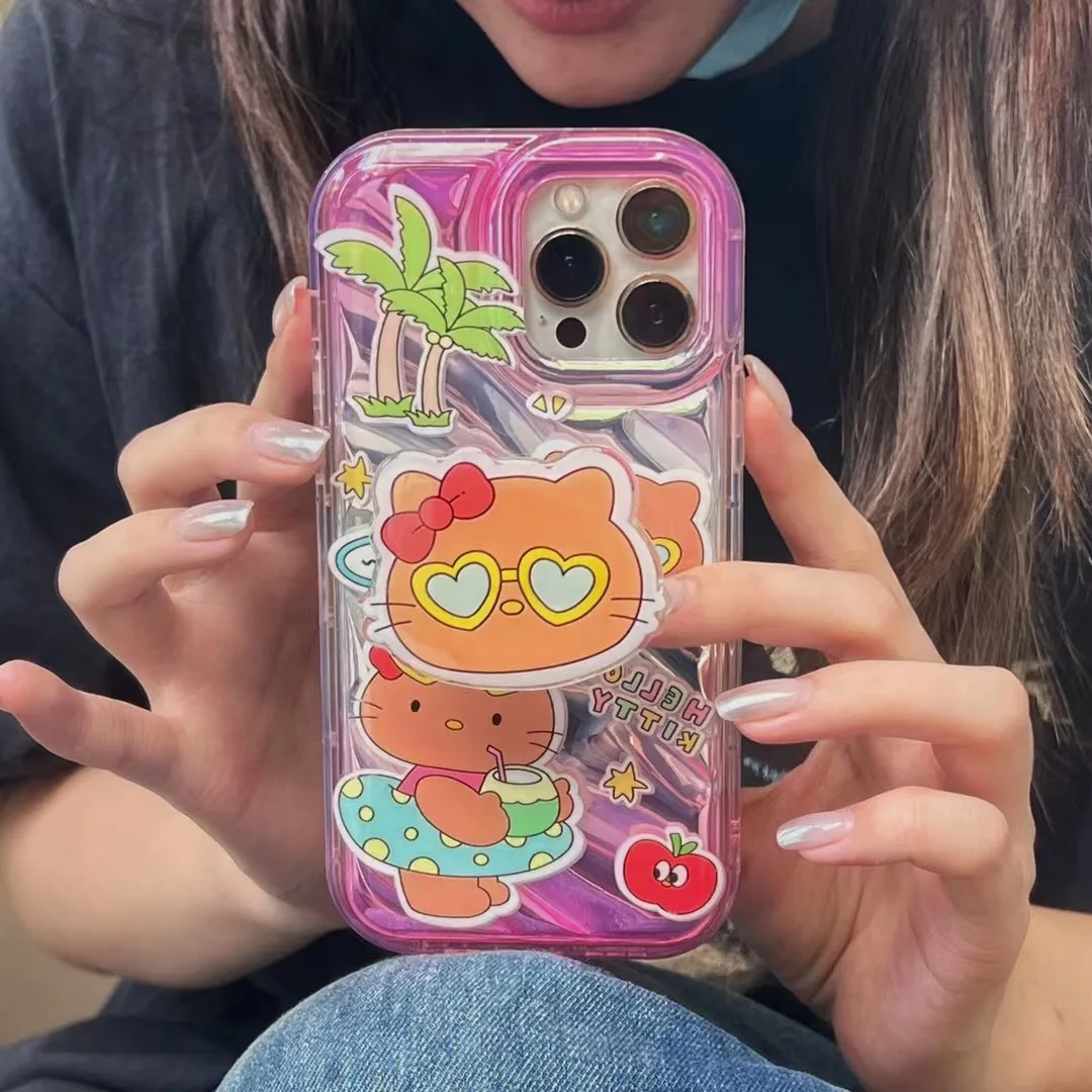 

Cute Sanrio Hello Kitty beach hawaiian style With bracket Phone Cases For iPhone 14 13 12 11 Pro Max Back Cover
