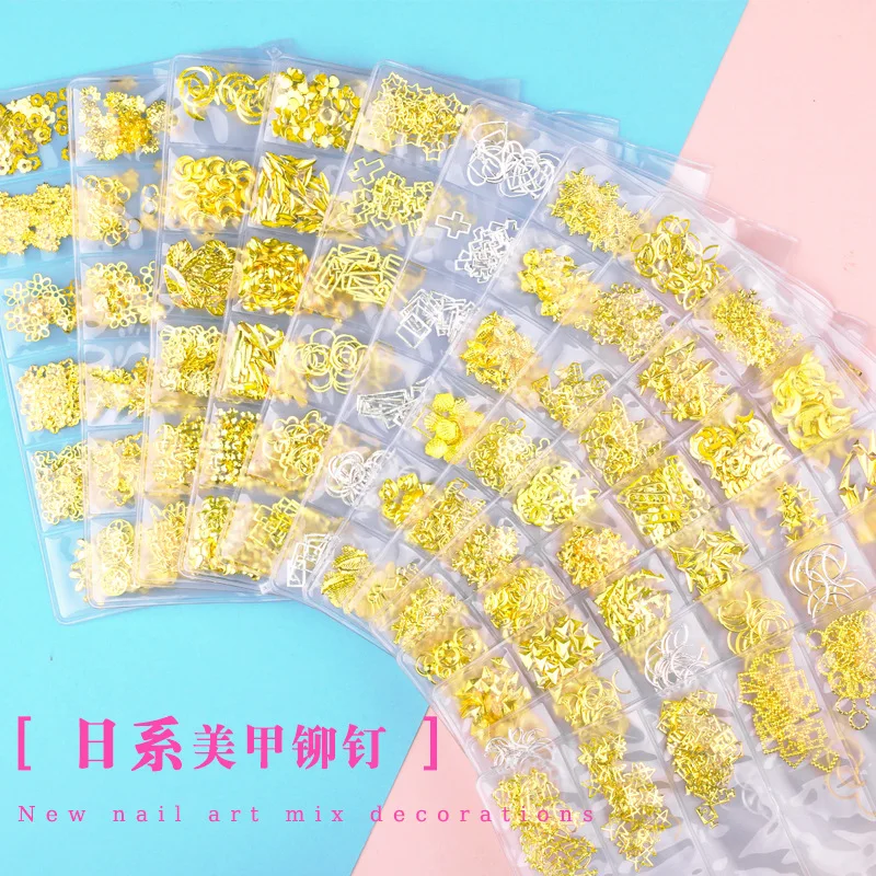 6 стилей/Сумка смешанные полосы с неравномерной металлической рамкой, перо с матовой золотой полосой 3D декорации для ногтей, сплавные шармы для ногтей, аксессуары.