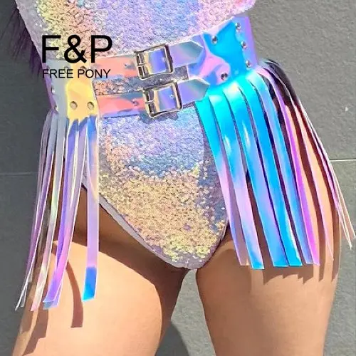 Handmade Plus ขนาดเสื้อผ้า Holographic Rainbow สีรุ้ง PVC Fringe กระโปรงผู้หญิง Burning Man เทศกาล Rave เสื้อผ้าชุด
