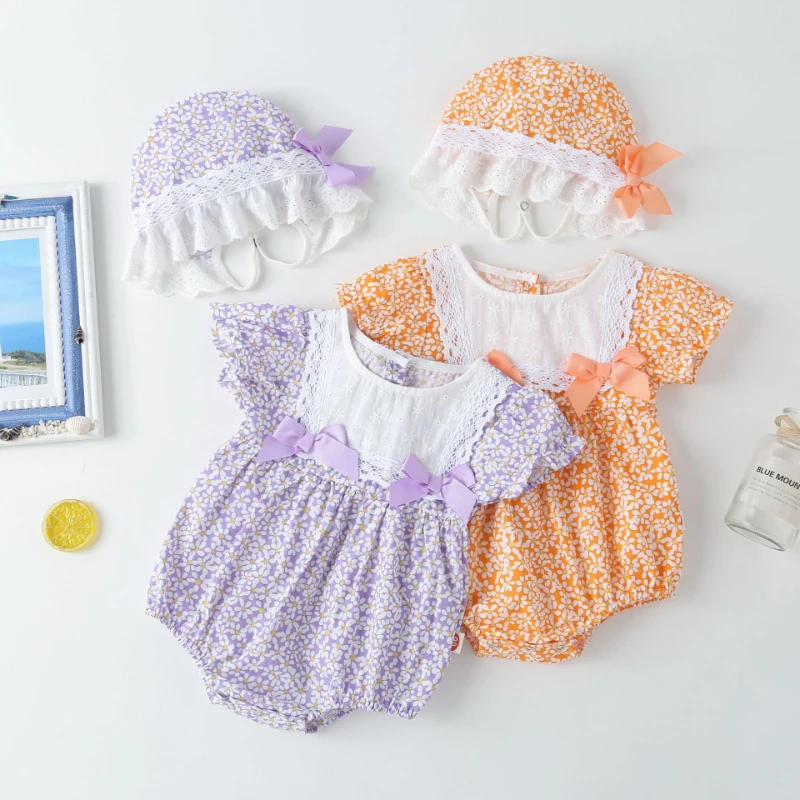 

2022 New Summer Baby Clothes Girl Sweet 2 Pcs Sets Floral Bow Lace Baby Bodysuits+hat Party Birthday Princess Baby Rompers 0-18M