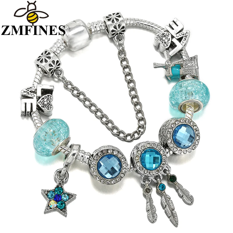 

Lake Blue Crystal Star Love Beads Pendant DIY Snake Chain Original Charm Bracelet For Women Lover Party High Quality Jewelry