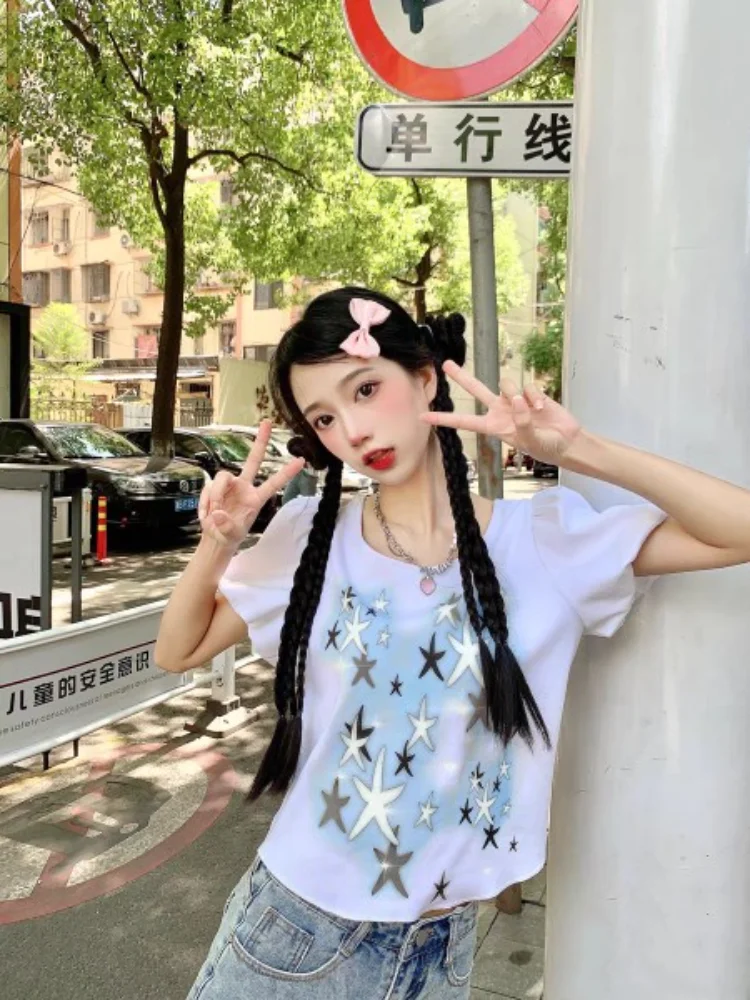 

Y2k E-Girl Vintage O-neck Star Print T-shirts Summer Puff Sleeve White Tee Shirt Kpop Aesthetics Slim Fit Tops Women 2000s