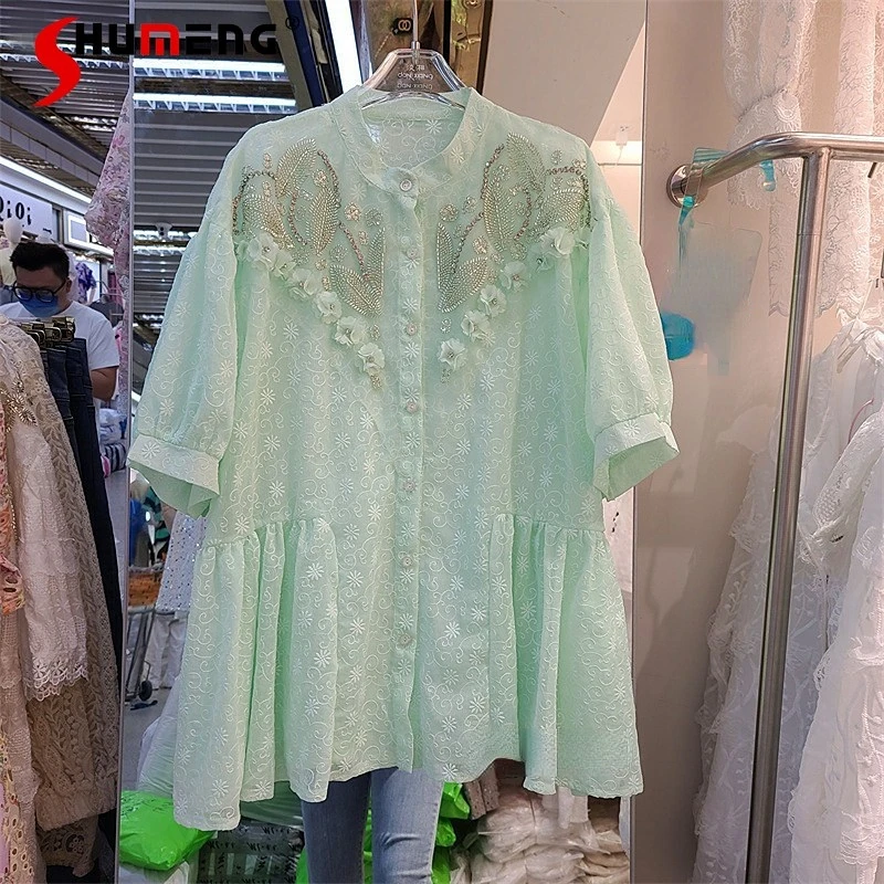 

Camisas Mujer Heavy Embroidery Sequins Beaded Doll Shirt for Women 2022 Spring Summer New Loose Large Version Lace Shirt