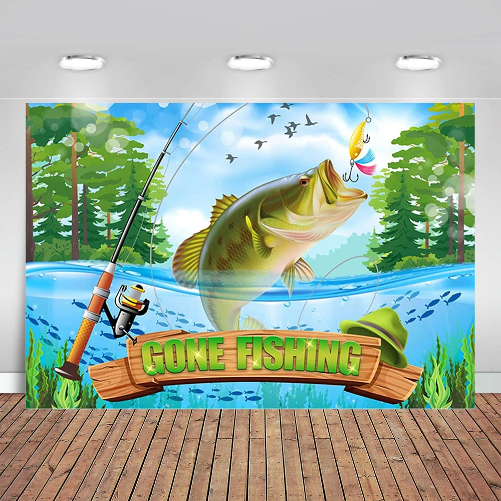 

Gone Fishing Backdrop Happy Birthday Retirement Fisherman Kids Baby Shower Party Supplies Lake Background Cake Table Decor
